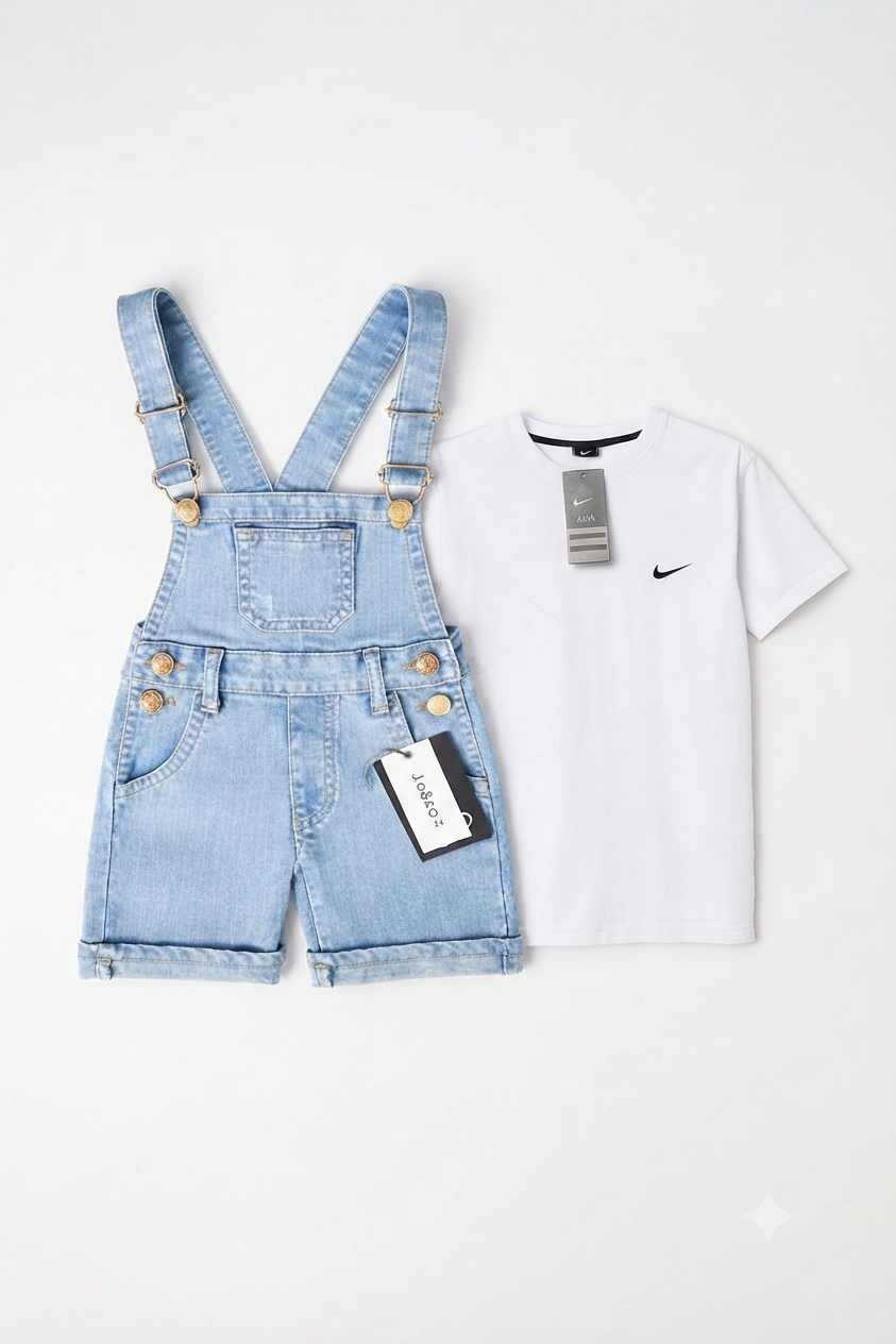 Ice Blue Denim Dungaree Short & Casual Tshirt