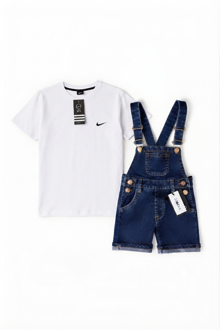 Classic Denim Dungaree Short & Casual Tshirt