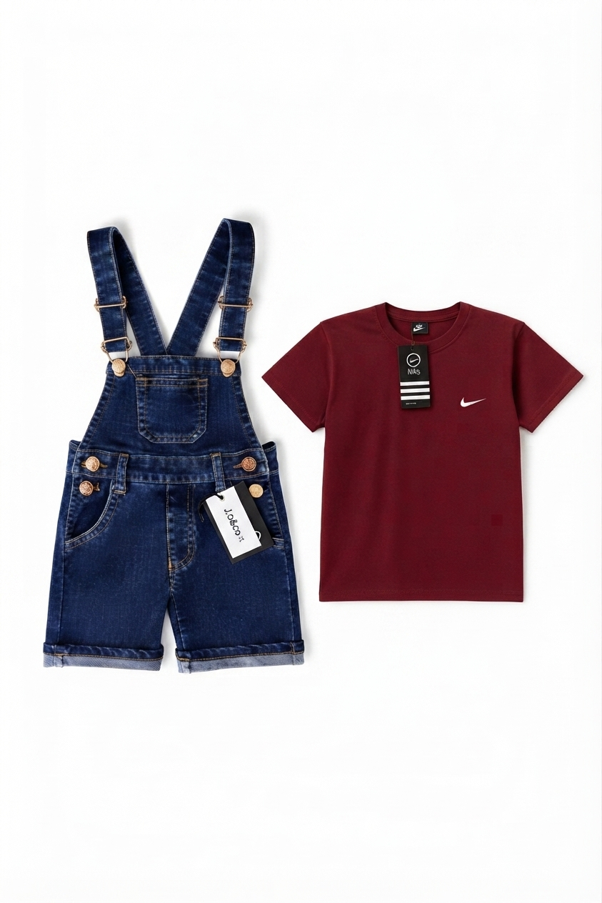 Classic Denim Dungaree Short & Casual Tshirt