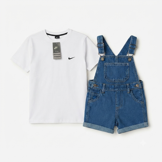 Mid Blue Denim Dungaree Short & Casual Tshirt