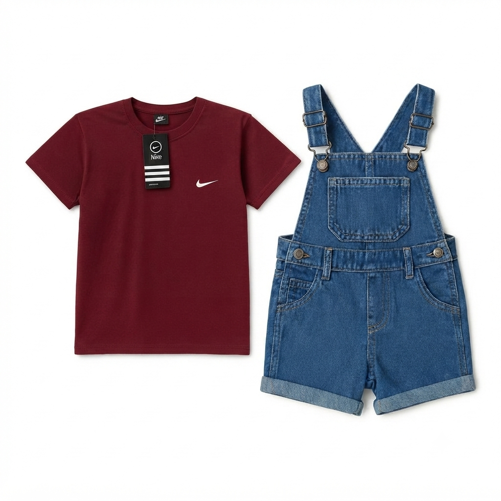 Mid Blue Denim Dungaree Short & Casual Tshirt
