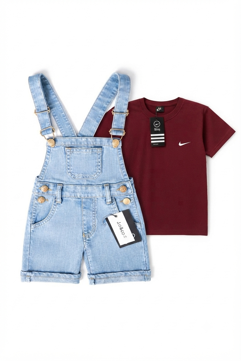 Ice Blue Denim Dungaree Short & Casual Tshirt