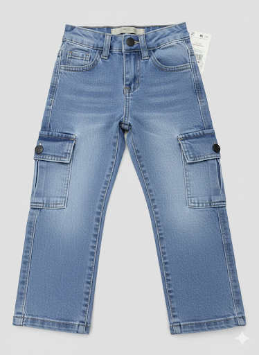 Kids Premium Ice Blue Cargo Denim Jeans (Ages 4-12)